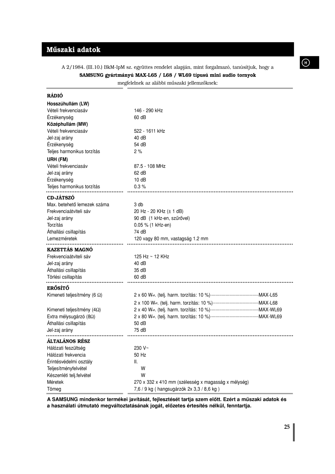 Samsung MAXL65RH/ELS manual Mûszaki adatok, Középhullám MW 