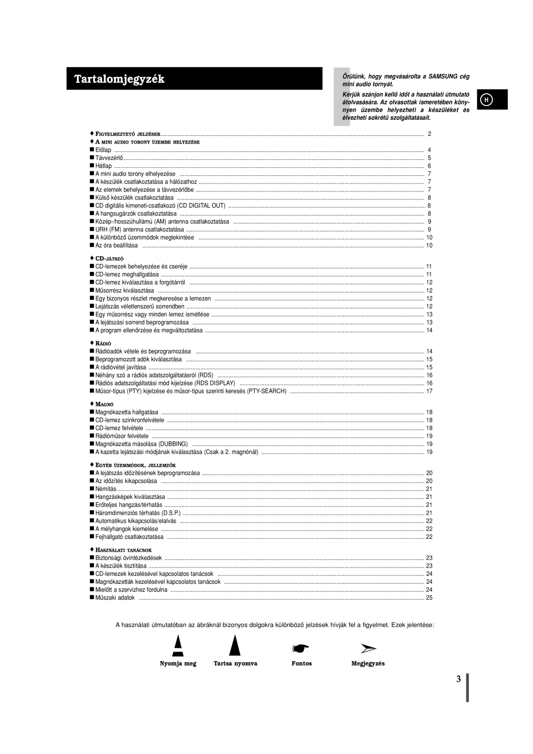 Samsung MAXL65RH/ELS manual Tartalomjegyzék, Nyomja meg Tartsa nyomva Fontos Megjegyzés 