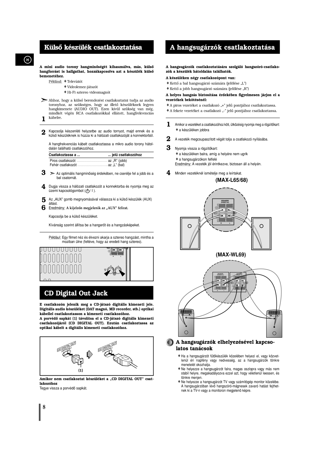 Samsung MAXL65RH/ELS manual Külsô készülék csatlakoztatása, CD Digital Out Jack, Hangsugárzók csatlakoztatása 