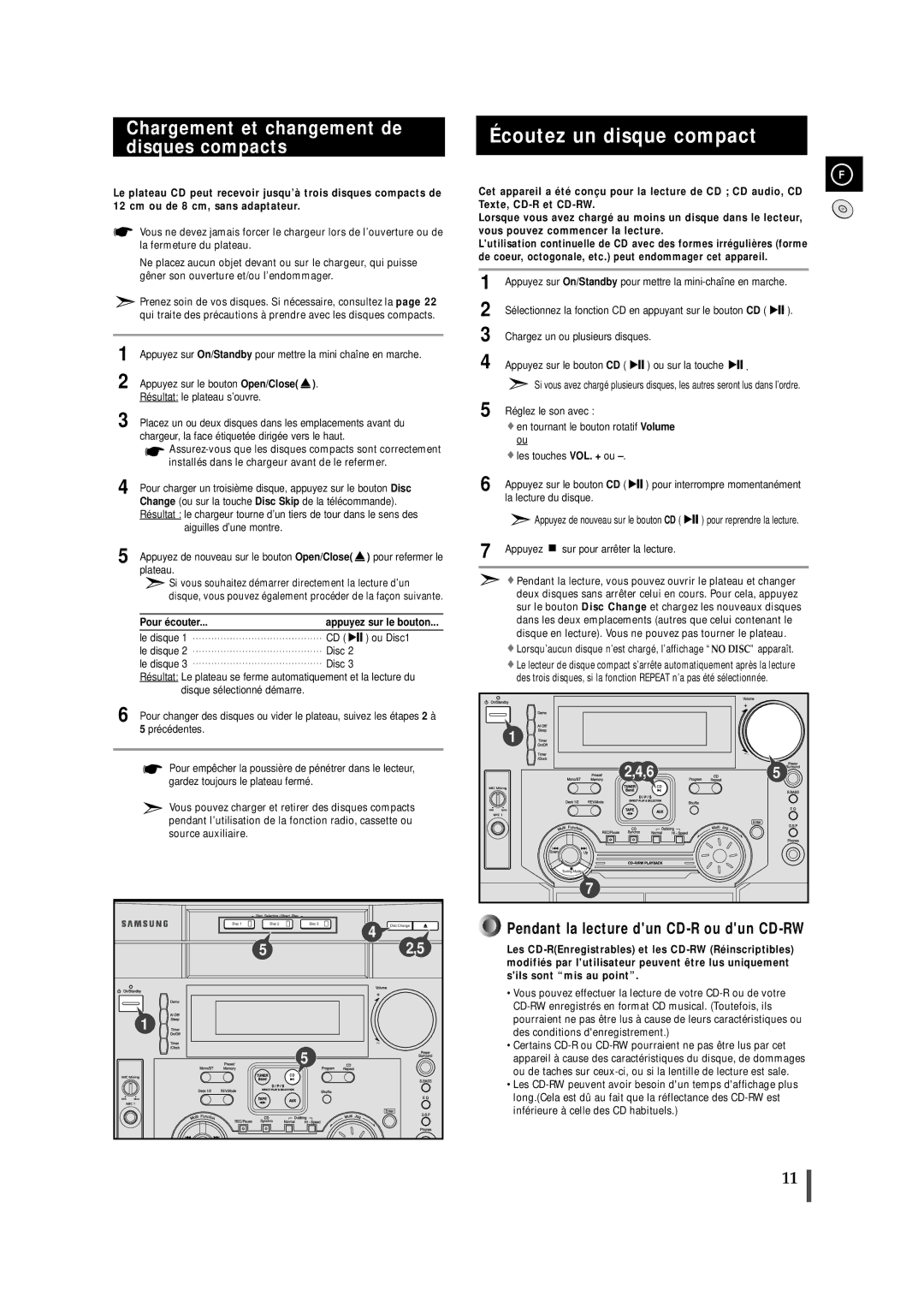 Samsung MAXL65RH/XEF manual Écoutez un disque compact, Chargement et changement de disques compacts, Pour é couter 