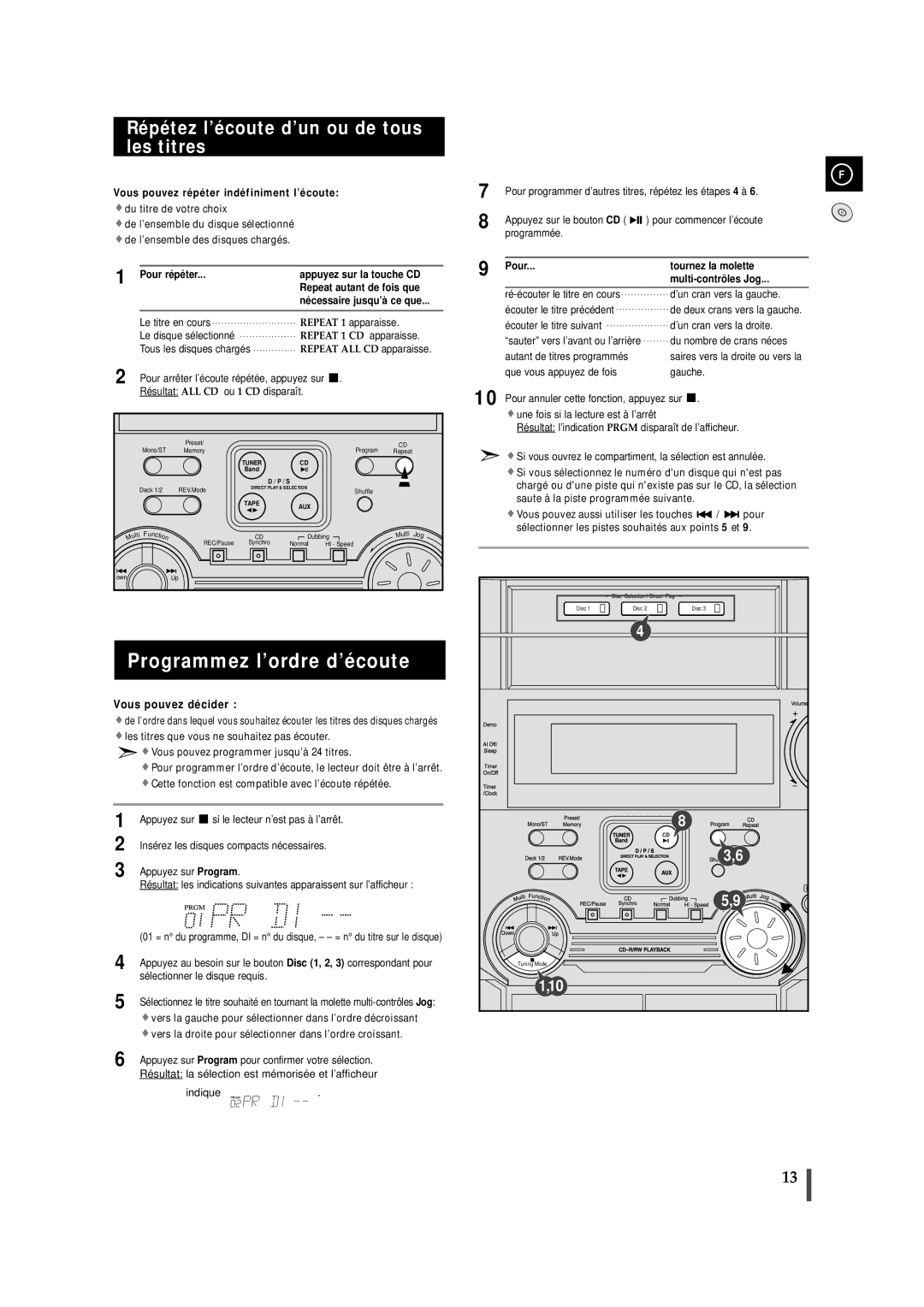 Samsung MAXL65RH/ELS, MAXL65RH/XEF manual Programmez l’ordre d’écoute, Répétez l’écoute d’un ou de tous les titres 