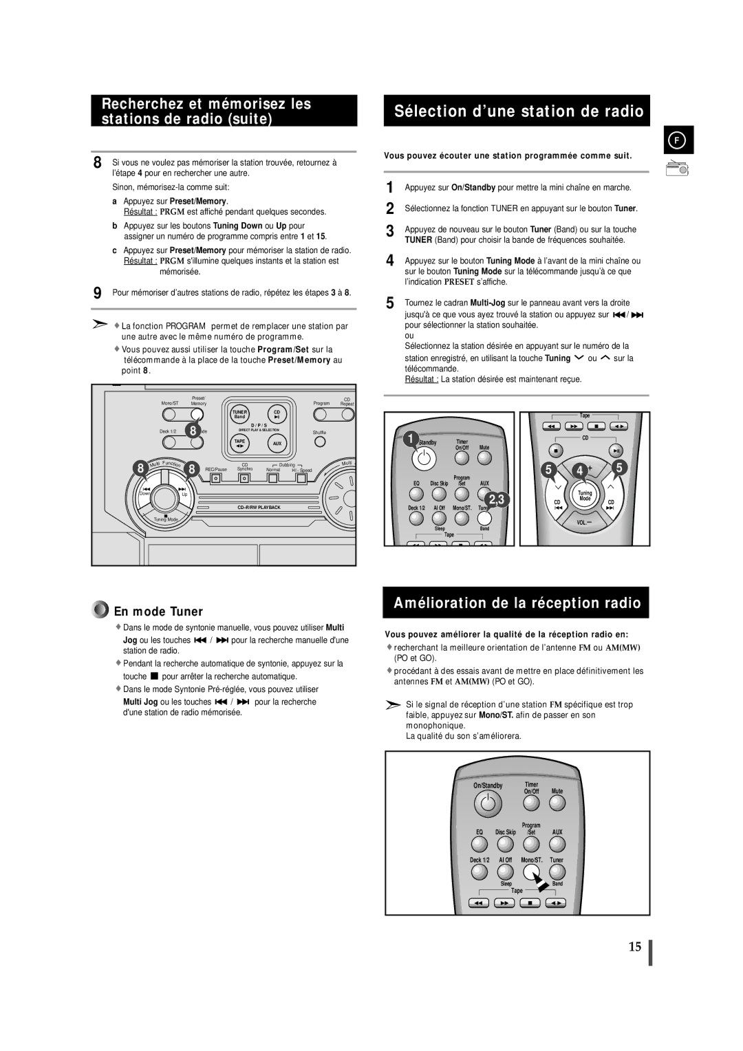 Samsung MAXL65RH/XEF, MAXL65RH/ELS Sélection d’une station de radio, Recherchez et mémorisez les stations de radio suite 