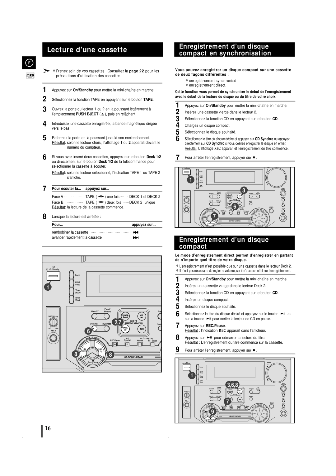 Samsung MAXL65RH/ELS, MAXL65RH/XEF manual Lecture d’une cassette, Enregistrement d’un disque compact en synchronisation 