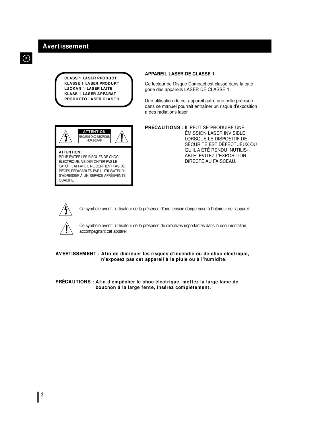 Samsung MAXL65RH/XEF, MAXL65RH/ELS manual Avertissement, Appareil Laser DE Classe 