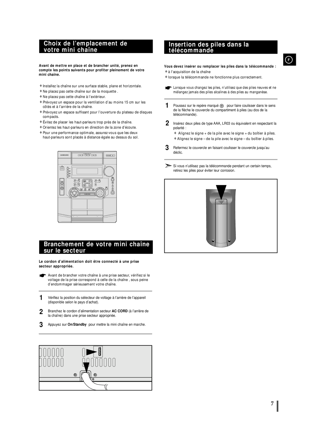 Samsung MAXL65RH/ELS manual Choix de l’emplacement de votre mini chaîne, Branchement de votre mini chaîne sur le secteur 