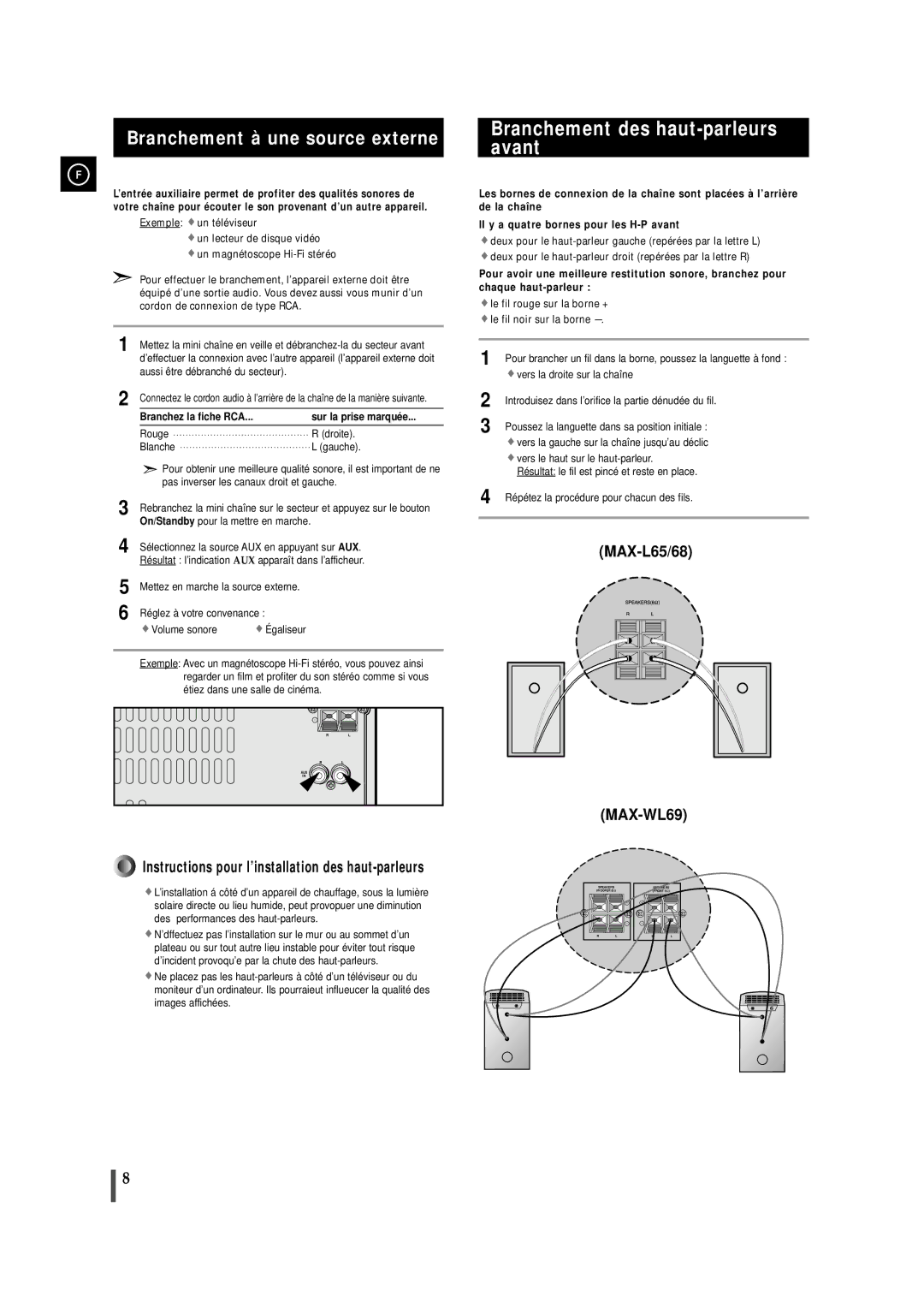 Samsung MAXL65RH/XEF, MAXL65RH/ELS manual Branchement des haut-parleurs avant, Branchement à une source externe 