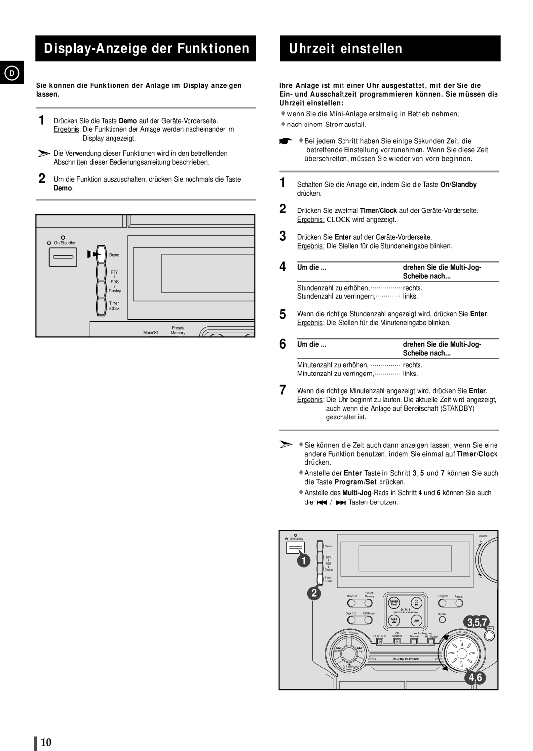 Samsung MAXL68RH/OTO manual Display-Anzeige der Funktionen Uhrzeit einstellen, Demo, Um die Drehen Sie die Multi-Jog 