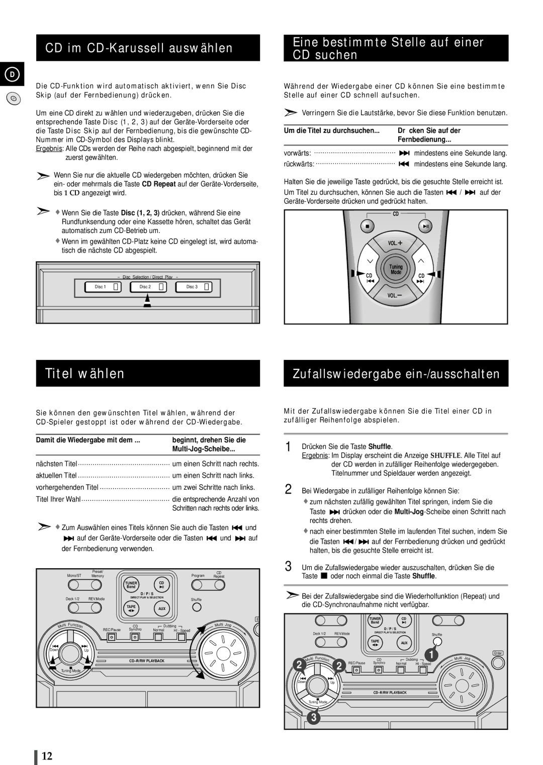 Samsung MAXL68RH/OTO Titel wählen, CD im CD-Karussell auswählen, Eine bestimmte Stelle auf einer CD suchen, Rückwärts 