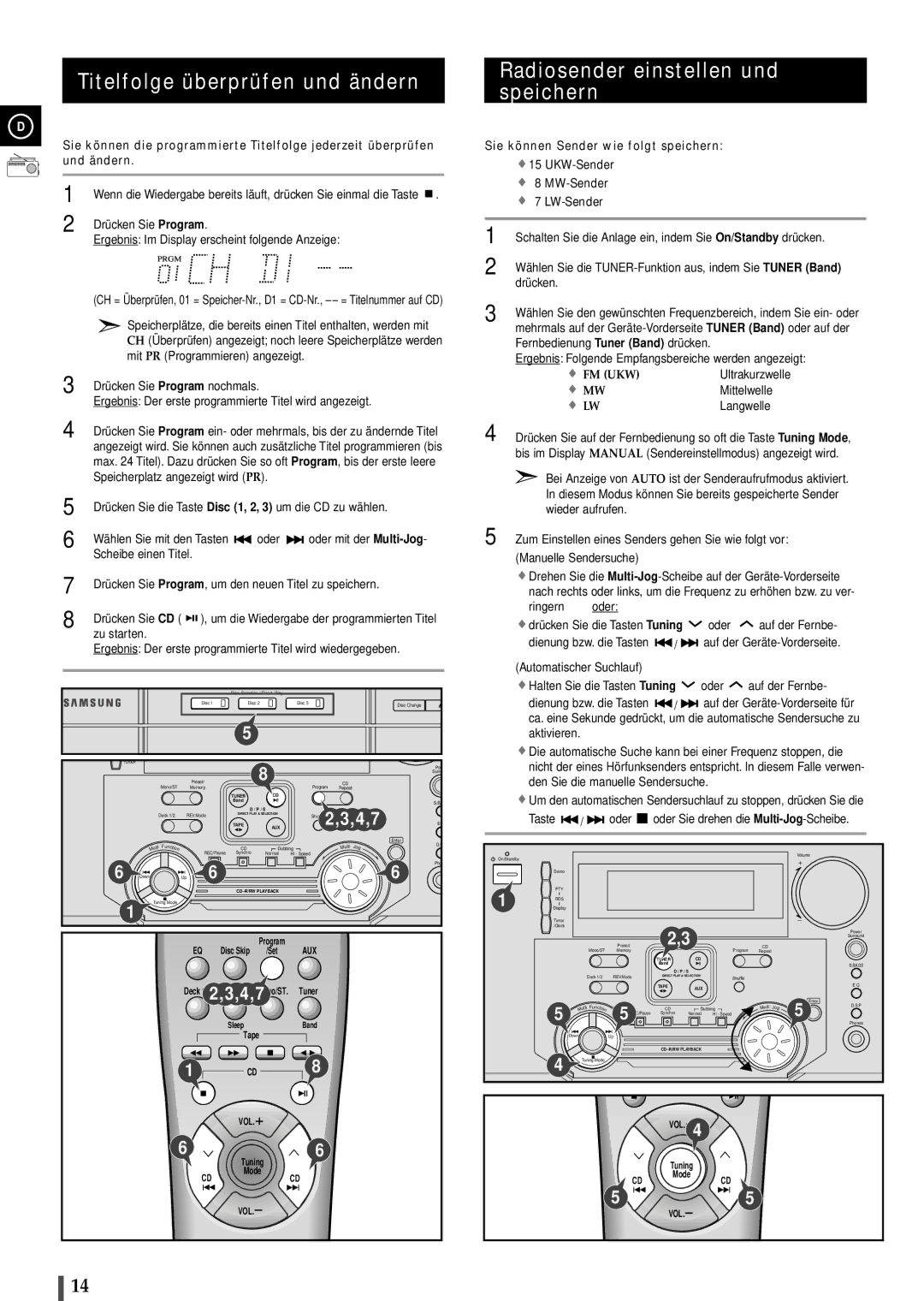 Samsung MAXL68RH/OTO manual Titelfolge überprüfen und ändern, Radiosender einstellen und speichern, Mittelwelle, Langwelle 