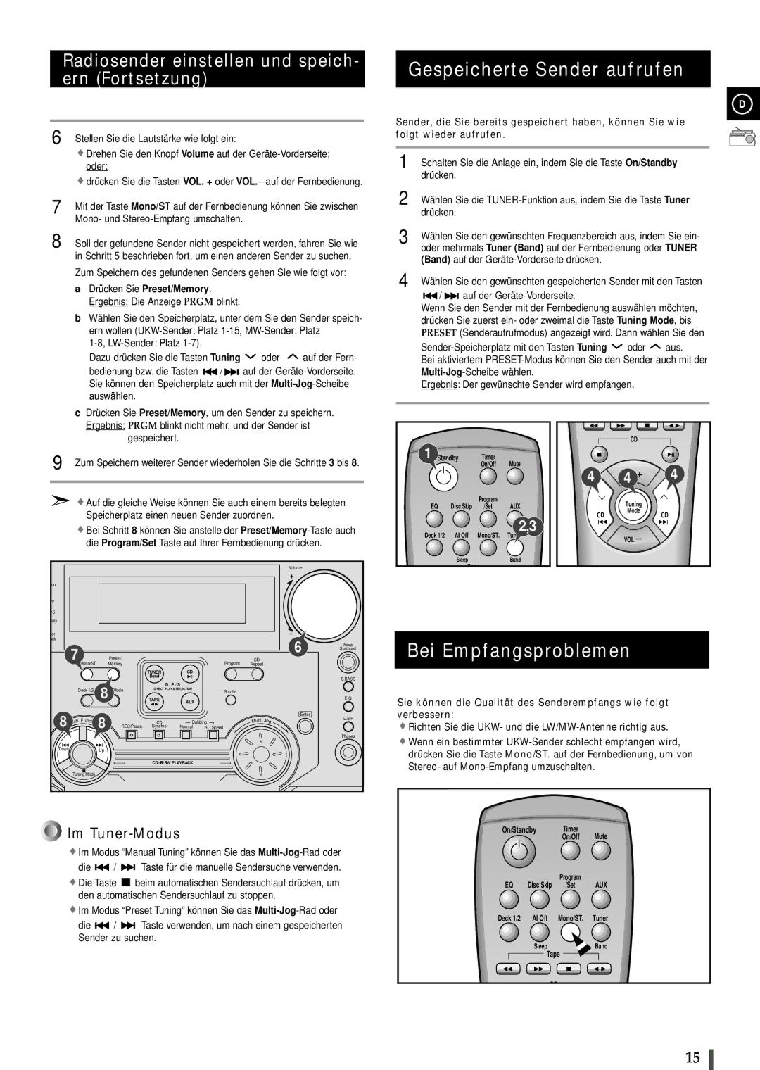 Samsung MAXL65RH/ELS, MAXL68RH/OTO manual Gespeicherte Sender aufrufen, Bei Empfangsproblemen 