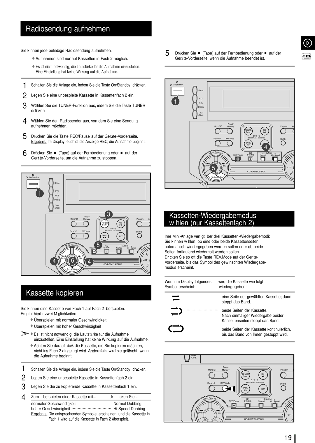 Samsung MAXL65RH/ELS manual Radiosendung aufnehmen, Kassette kopieren, Kassetten-Wiedergabemodus wählen nur Kassettenfach 