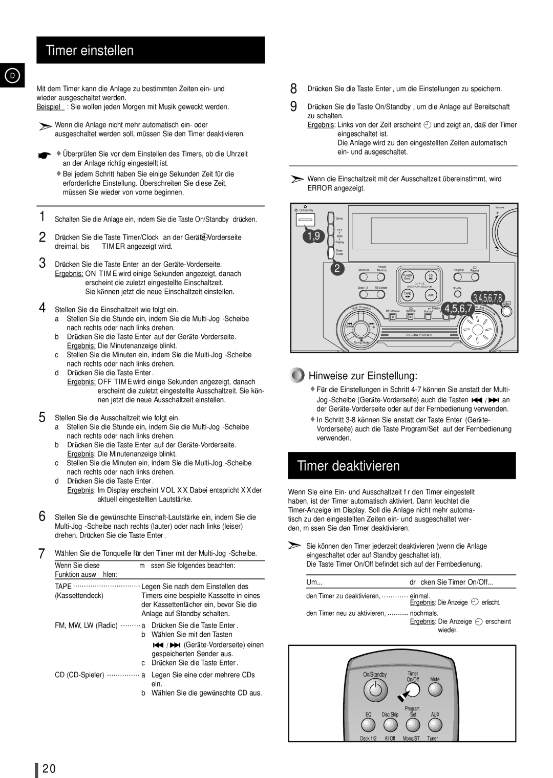 Samsung MAXL68RH/OTO, MAXL65RH/ELS manual Timer einstellen, Timer deaktivieren 