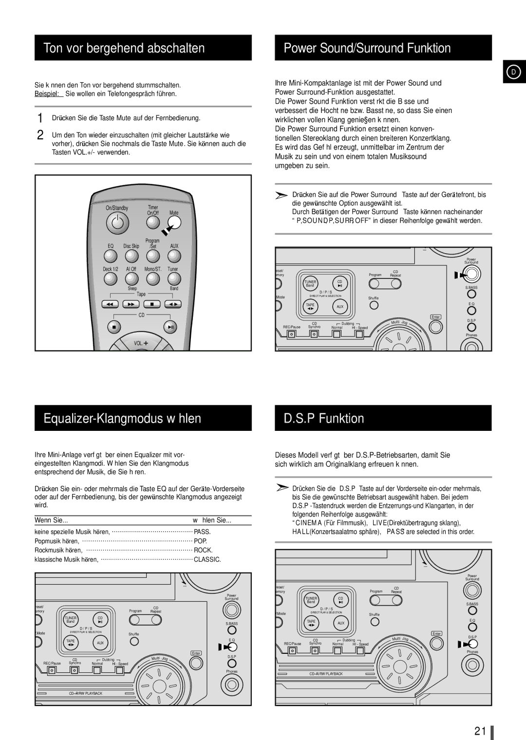 Samsung MAXL65RH/ELS Ton vorübergehend abschalten, Power Sound/Surround Funktion, Equalizer-Klangmodus wählen P Funktion 