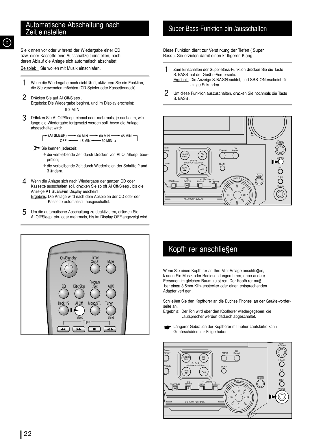 Samsung MAXL68RH/OTO, MAXL65RH/ELS manual Kopfhörer anschließen, Automatische Abschaltung nach Zeit einstellen, Tape 