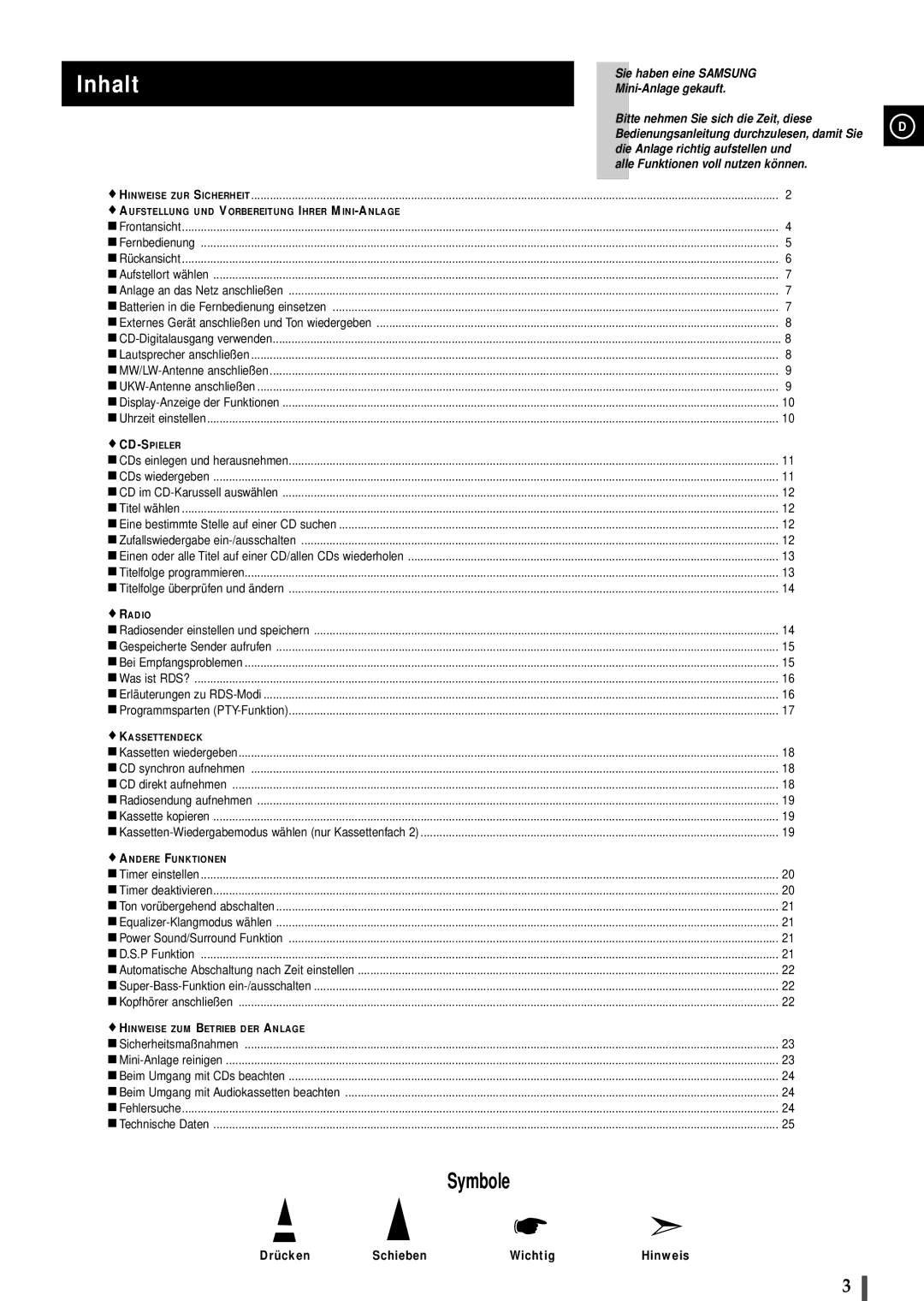 Samsung MAXL65RH/ELS, MAXL68RH/OTO manual Inhalt, Drücken Schieben Wichtig 