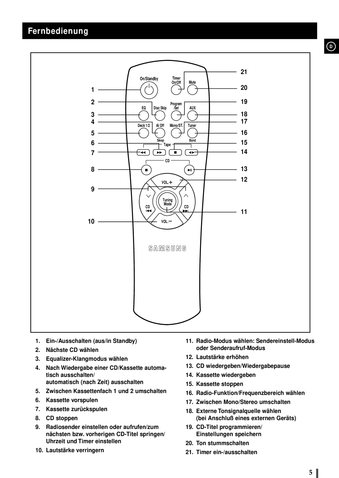 Samsung MAXL65RH/ELS, MAXL68RH/OTO manual Fernbedienung, On/Standby, Deck 1/2, Tape VOL Tuning Mode 