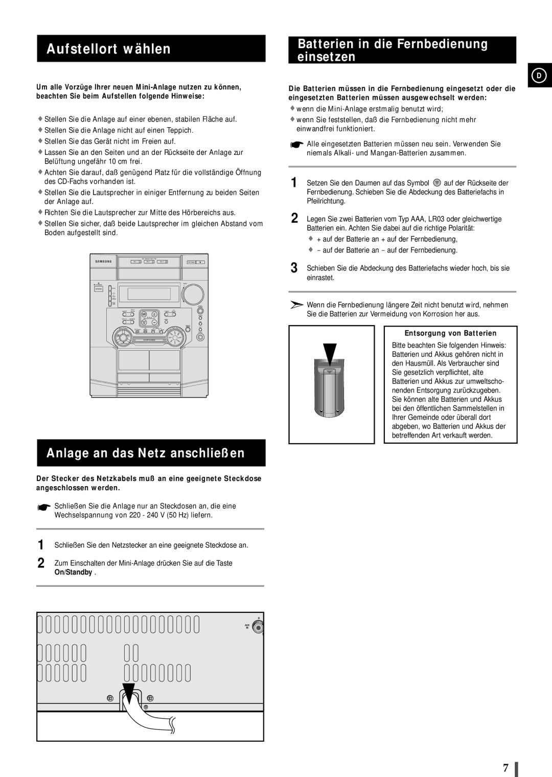 Samsung MAXL65RH/ELS manual Aufstellort wählen, Batterien in die Fernbedienung einsetzen, Anlage an das Netz anschließen 