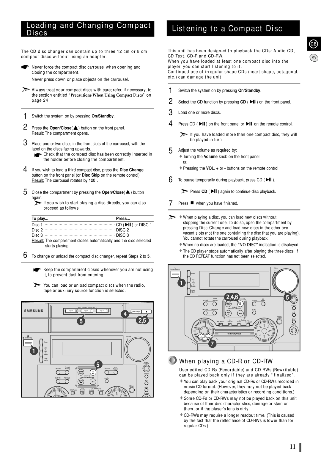 Samsung MAXL65FH/UMG, MAXL68RH/OTO, MAXL65RH/XEF, MAXL65RH/ELS, MAXL65QH/XFO manual Loading and Changing Compact Discs, To play 