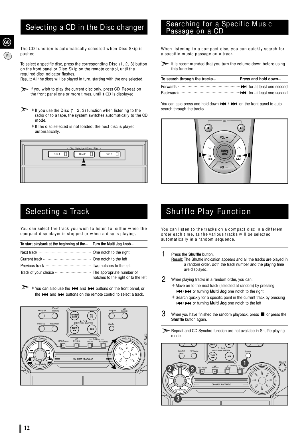 Samsung MAXL65QH/XFO, MAXL68RH/OTO, MAXL65RH Selecting a CD in the Disc changer, Selecting a Track, Shuffle Play Function 