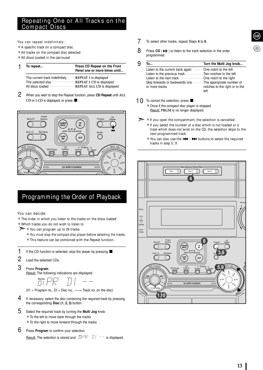 Samsung MAXL68QH/XFO manual Programming the Order of Playback, Repeating One or All Tracks on the Compact Discs, To repeat 