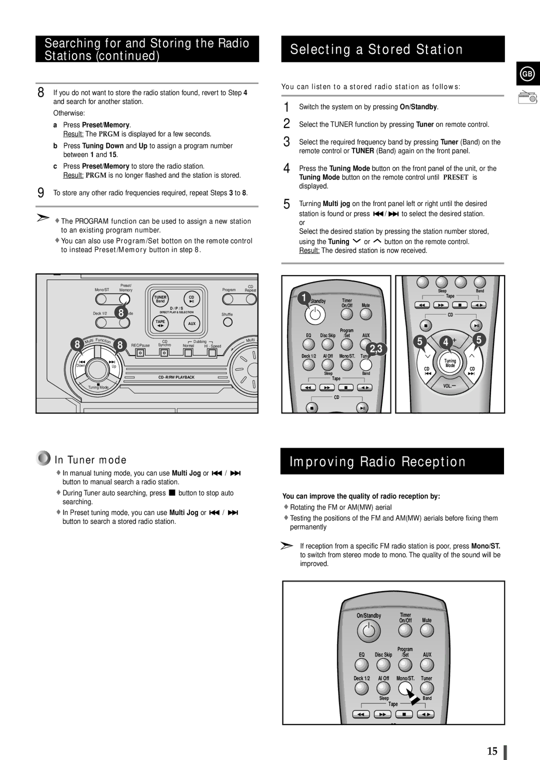 Samsung MAXL65RH/XEF, MAXL68RH/OTO, MAXL65RH/ELS Selecting a Stored Station, Improving Radio Reception, Press Preset/Memory 