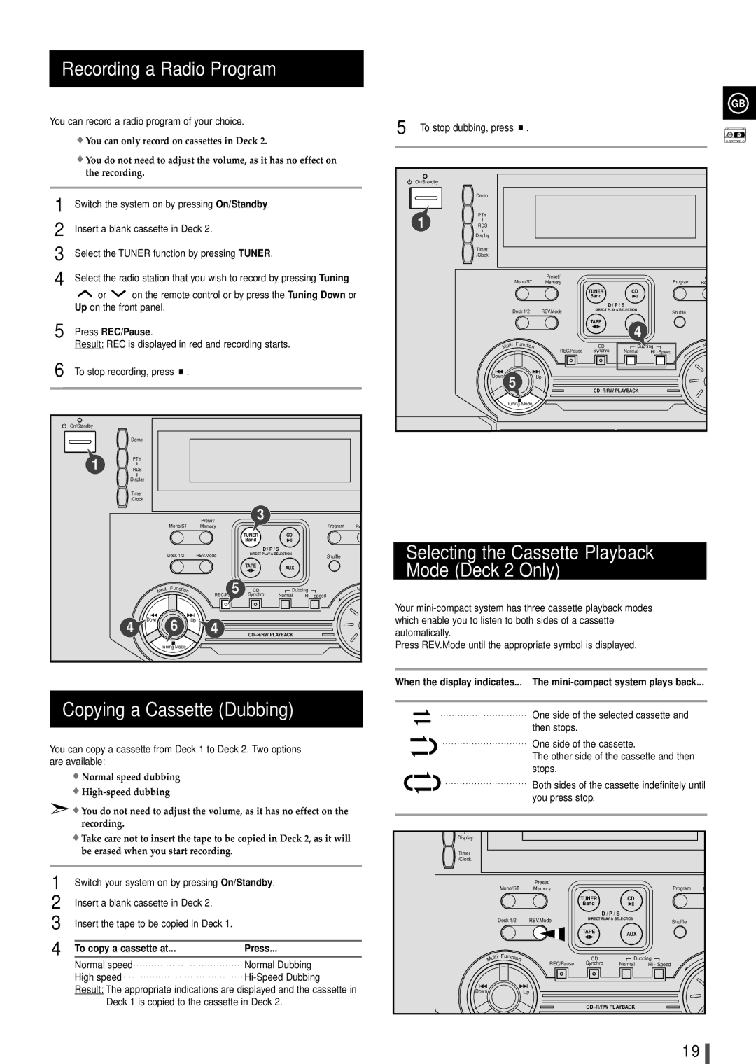 Samsung MAXL65QH/XFO Recording a Radio Program, Copying a Cassette Dubbing, Press REC/Pause, To copy a cassette at Press 