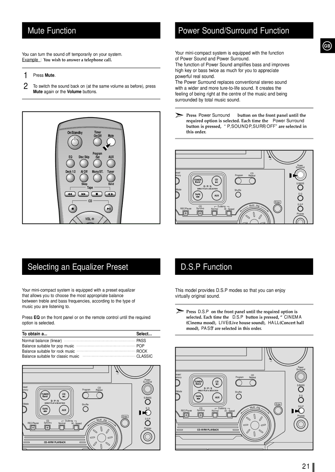 Samsung MAXL68RH/OTO, MAXL65RH/XEF Mute Function, Power Sound/Surround Function, Selecting an Equalizer Preset P Function 