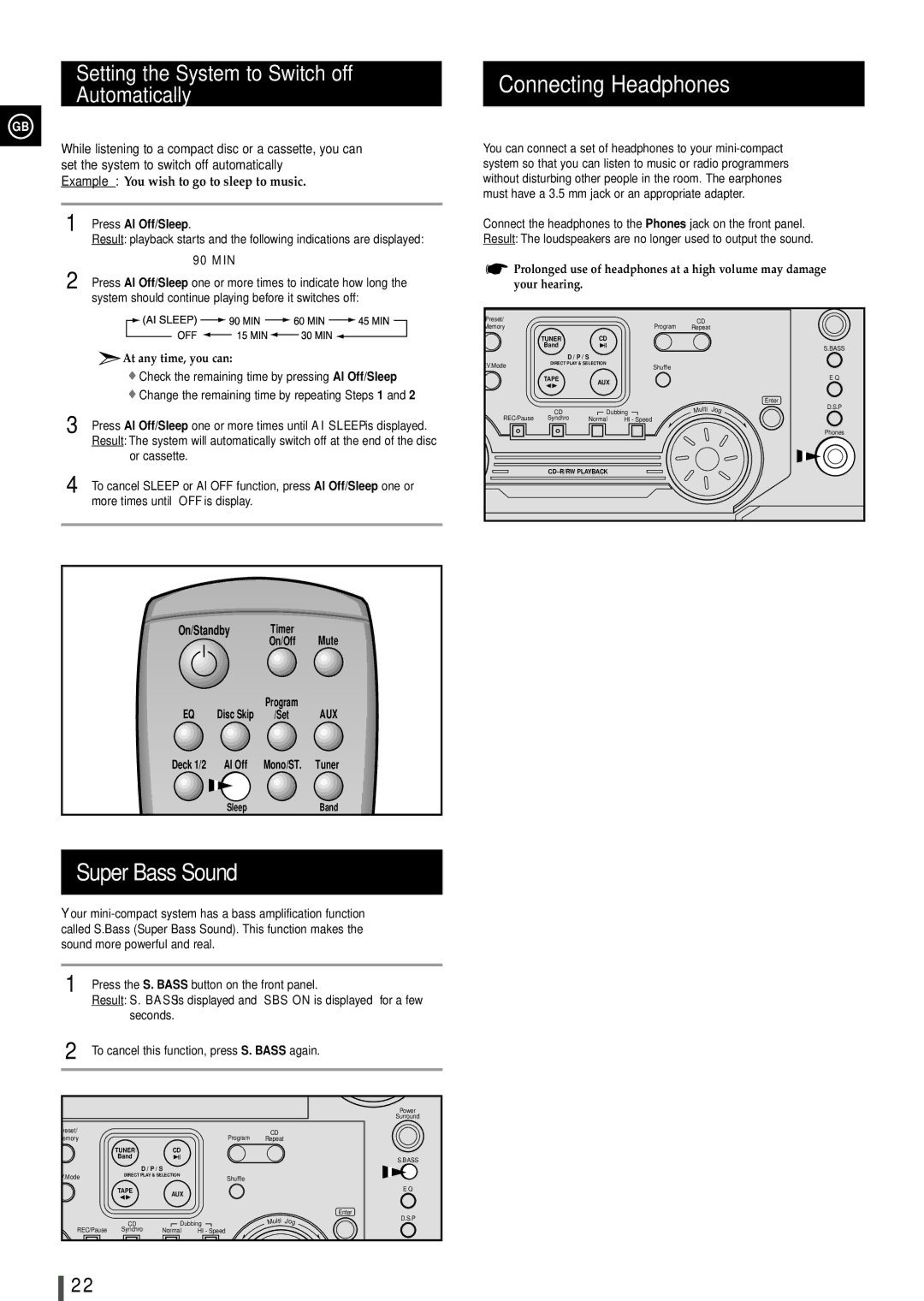 Samsung MAXL65RH/XEF, MAXL68RH/OTO Connecting Headphones, Super Bass Sound, Setting the System to Switch off Automatically 