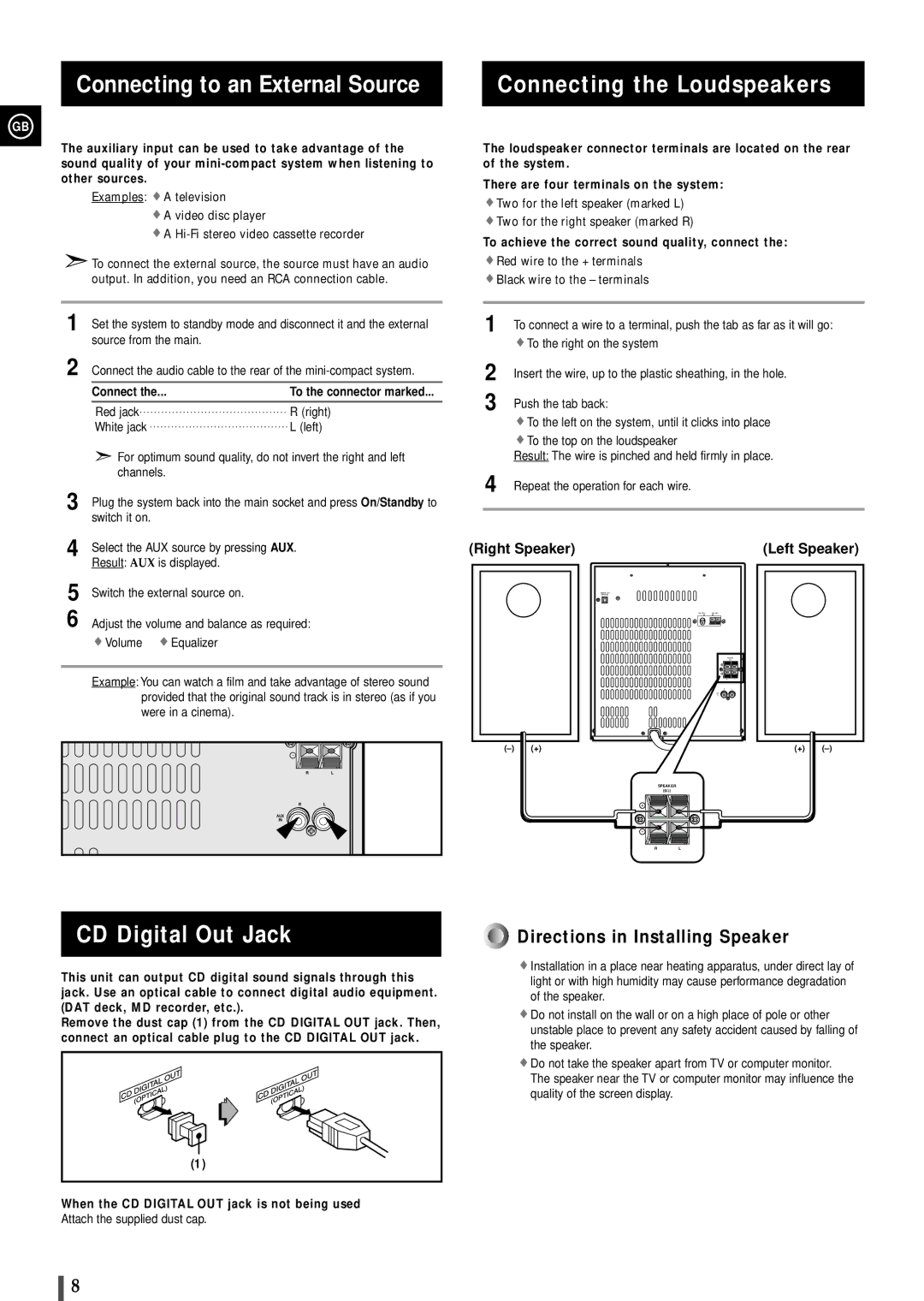 Samsung MAXL65RH/XEF, MAXL68RH/OTO manual Connecting to an External Source, CD Digital Out Jack, Connecting the Loudspeakers 