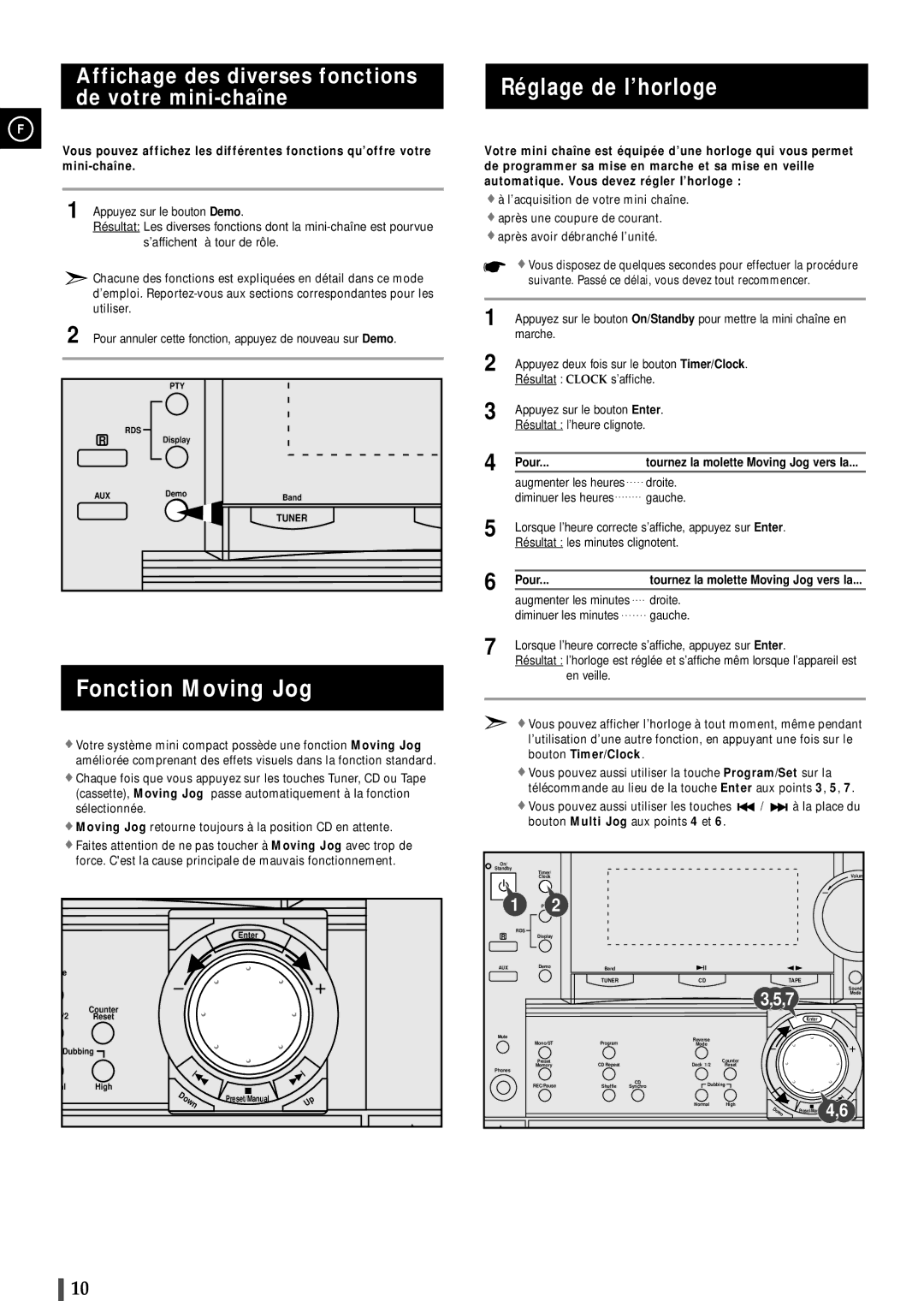 Samsung MAXL82RH/ELS Réglage de l’horloge, Fonction Moving Jog, Affichage des diverses fonctions de votre mini-chaîne 