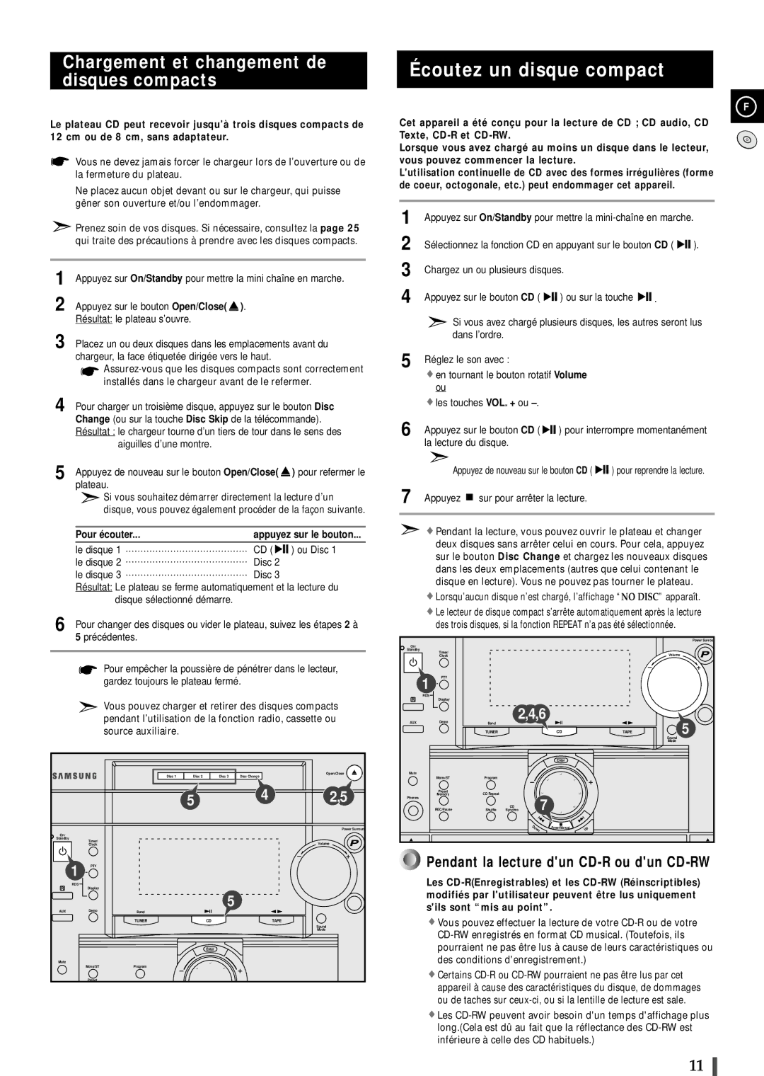 Samsung MAXL82RH/XEF, MAXL82RH/ELS Écoutez un disque compact, Chargement et changement de disques compacts, Pour é couter 