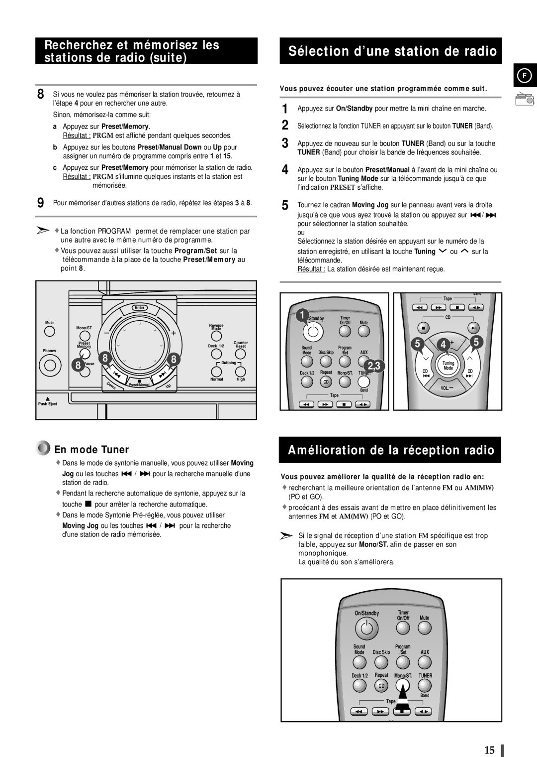 Samsung MAXL82RH/XEF, MAXL82RH/ELS Sélection d’une station de radio, Recherchez et mémorisez les stations de radio suite 