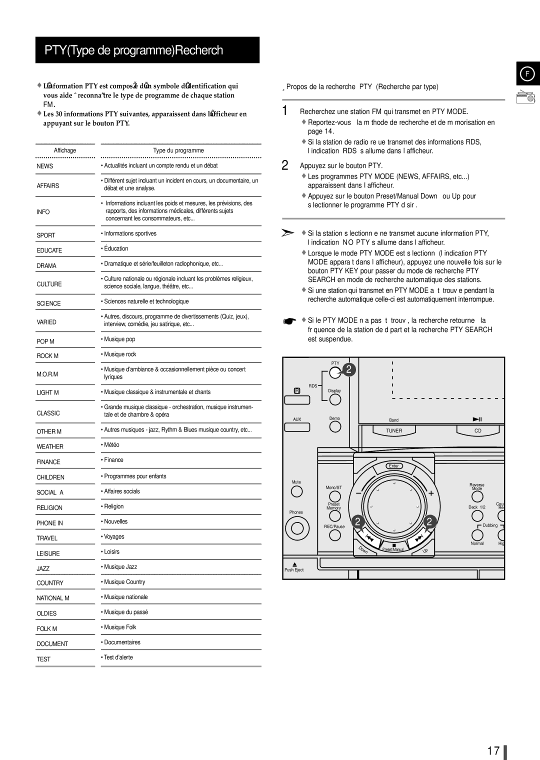 Samsung MAXL82RH/XEF, MAXL82RH/ELS manual PTYType de programmeRecherch, Propos de la recherche PTY Recherche par type 