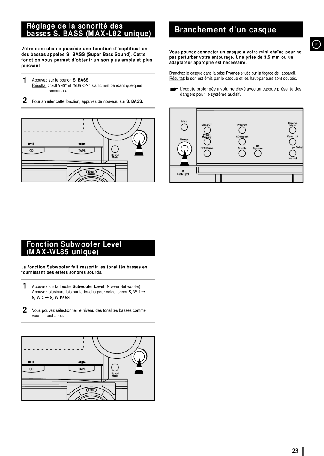 Samsung MAXL82RH/XEF, MAXL82RH/ELS manual Branchement d’un casque, Réglage de la sonorité des basses S. Bass MAX-L82 unique 