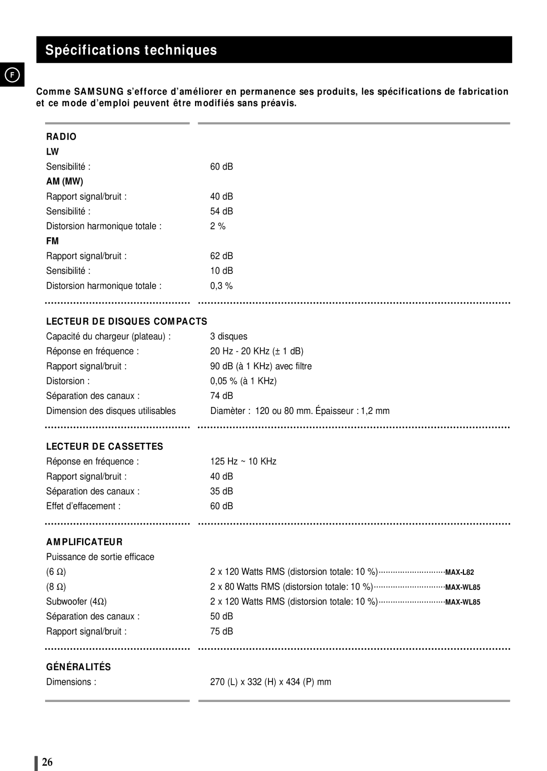 Samsung MAXL82RH/ELS, MAXL82RH/XEF manual Spécifications techniques, Lecteur DE Disques Compacts 