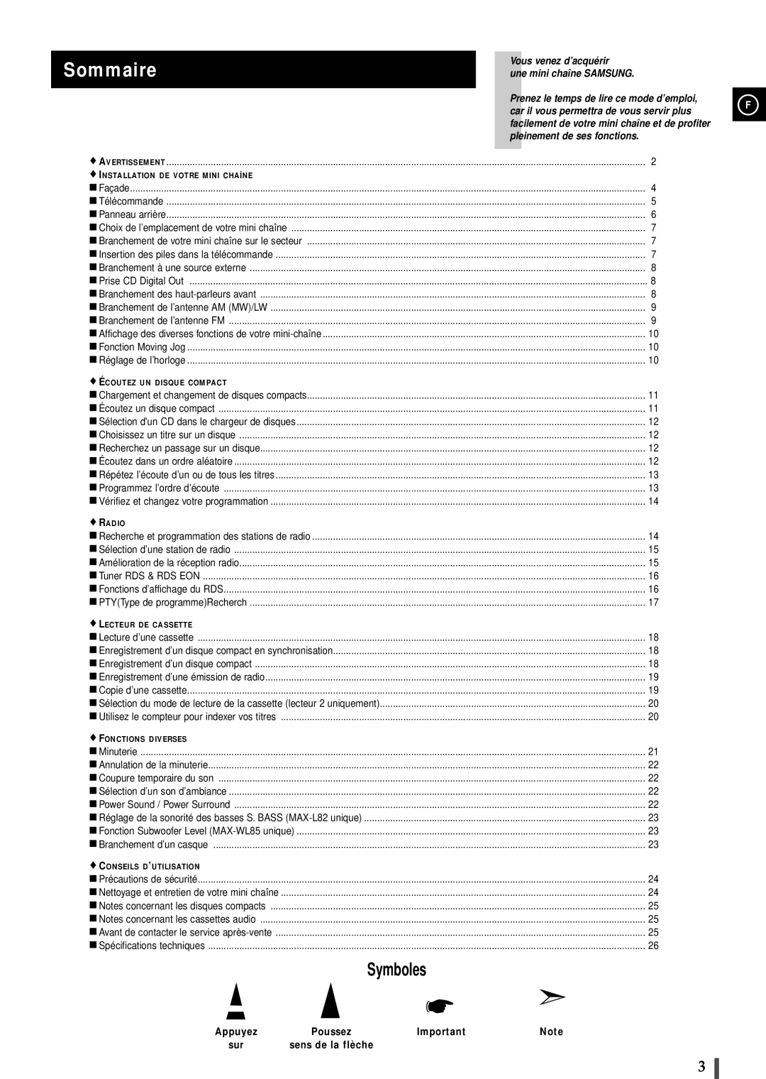 Samsung MAXL82RH/XEF, MAXL82RH/ELS manual Sommaire, Appuyez, Sur Sens de la flèche 