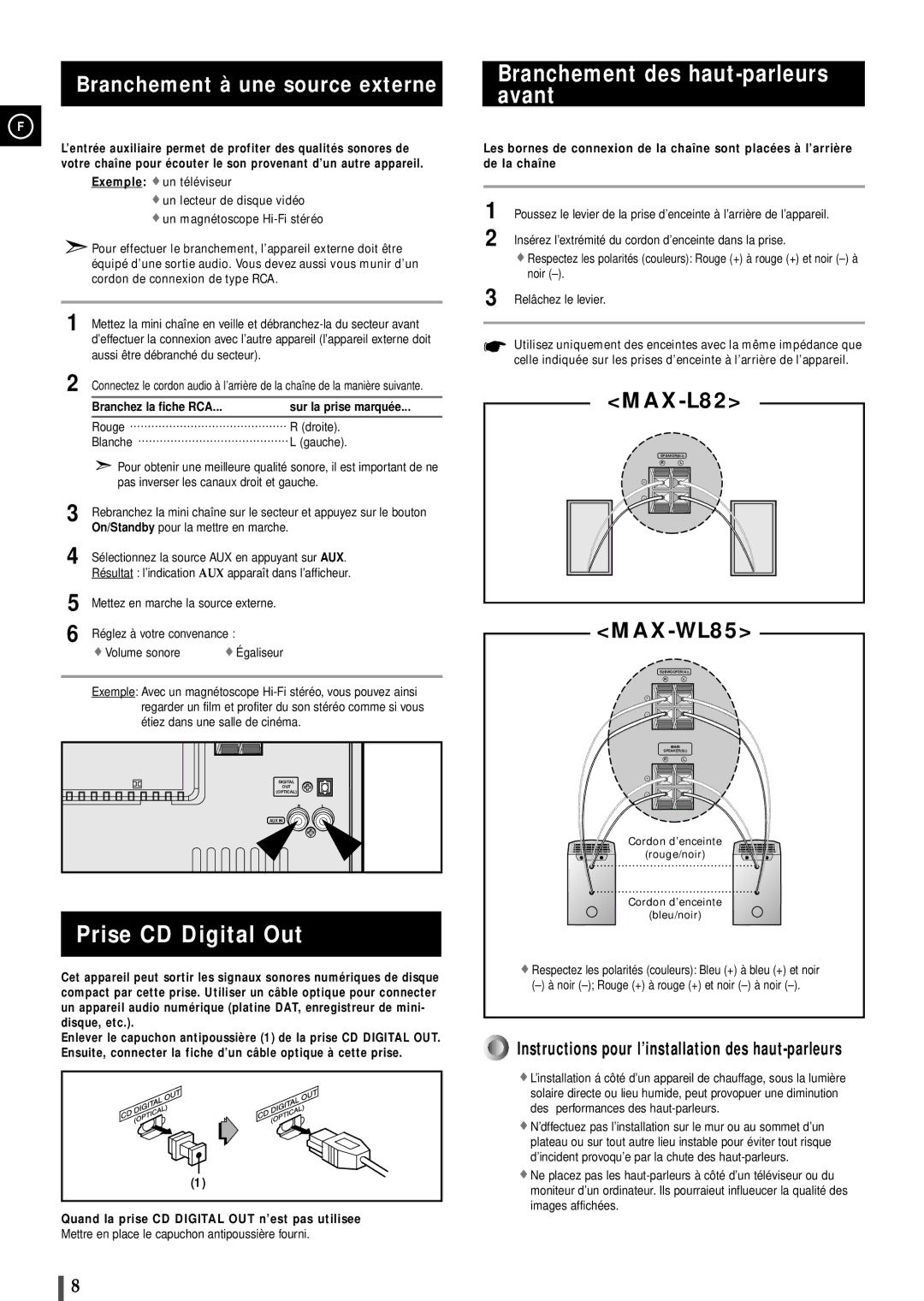 Samsung MAXL82RH/ELS manual Prise CD Digital Out, Branchement des haut-parleurs avant, Branchement à une source externe 