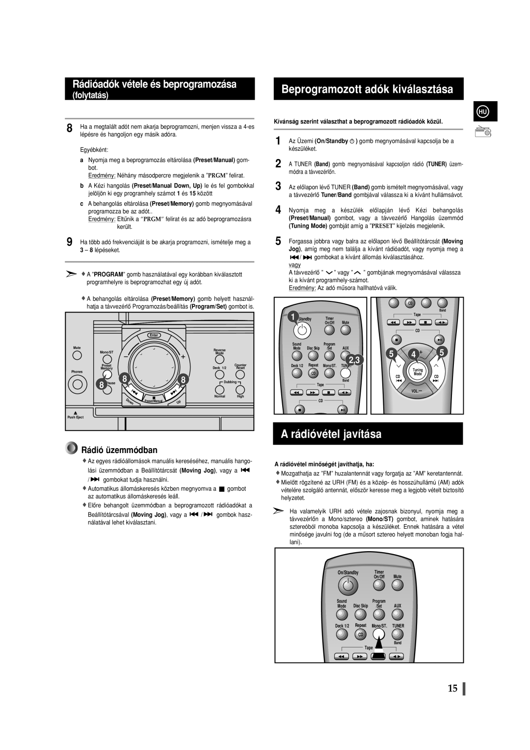 Samsung MAXWL85RH/ELS manual Beprogramozott adók kiválasztása, Rádióvétel javítása, Rádióvétel minôségét javíthatja, ha 