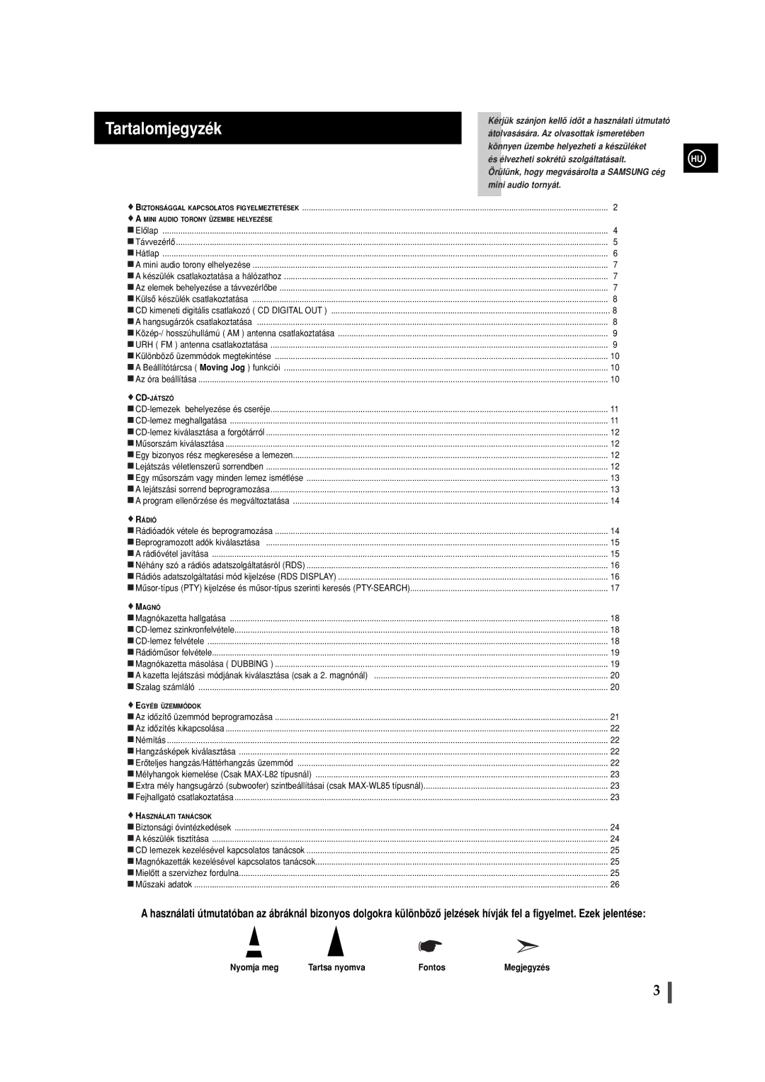 Samsung MAXWL85RH/ELS, MAXL82RH/ELS manual Tartalomjegyzék, Nyomja meg Tartsa nyomva Fontos, Megjegyzés 