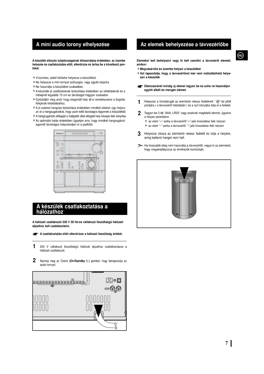 Samsung MAXWL85RH/ELS, MAXL82RH/ELS manual Készülék csatlakoztatása a hálózathoz, Mini audio torony elhelyezése 