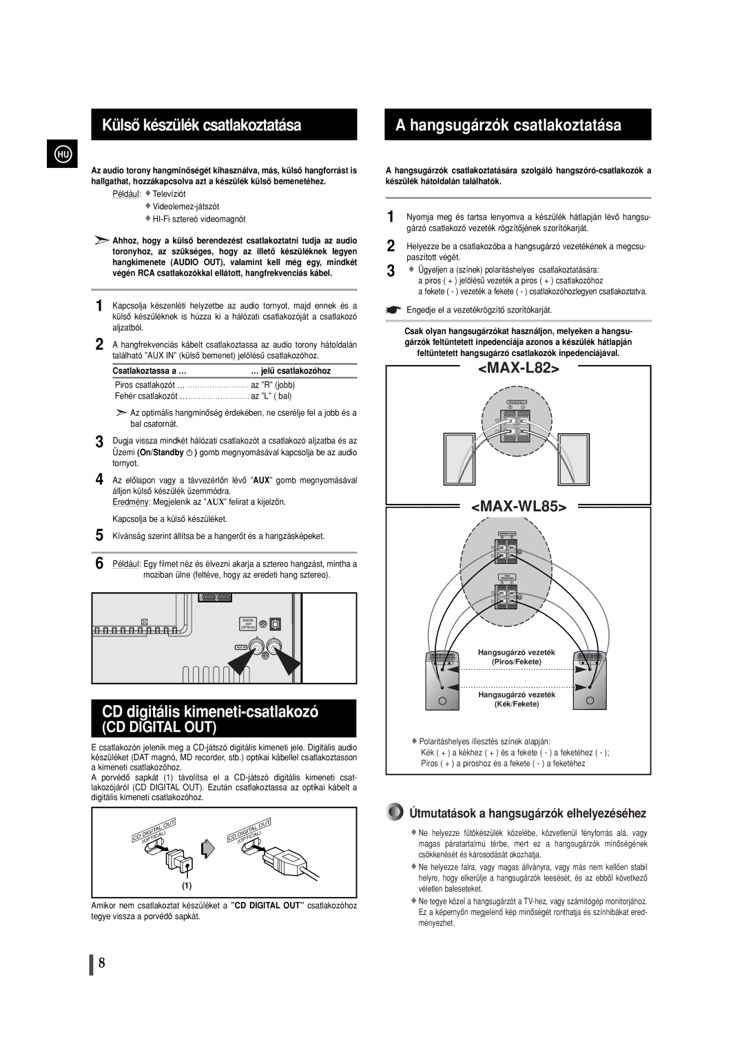 Samsung MAXL82RH/ELS manual Külsô készülék csatlakoztatása, CD digitális kimeneti-csatlakozó, Hangsugárzók csatlakoztatása 