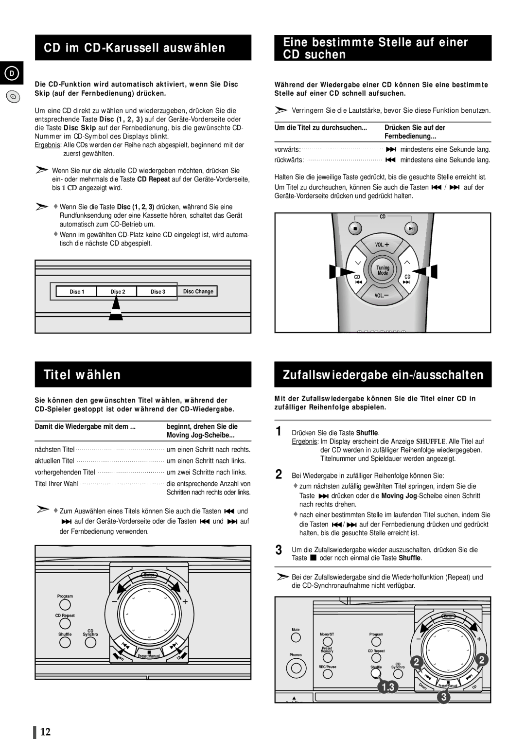 Samsung MAXL82RH/ELS manual Titel wählen, CD im CD-Karussell auswählen, Eine bestimmte Stelle auf einer CD suchen 