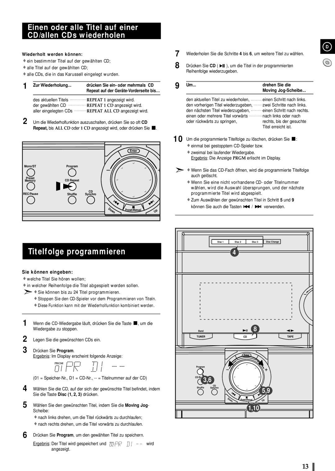 Samsung MAXL82RH/ELS manual Titelfolge programmieren, Einen oder alle Titel auf einer CD/allen CDs wiederholen 