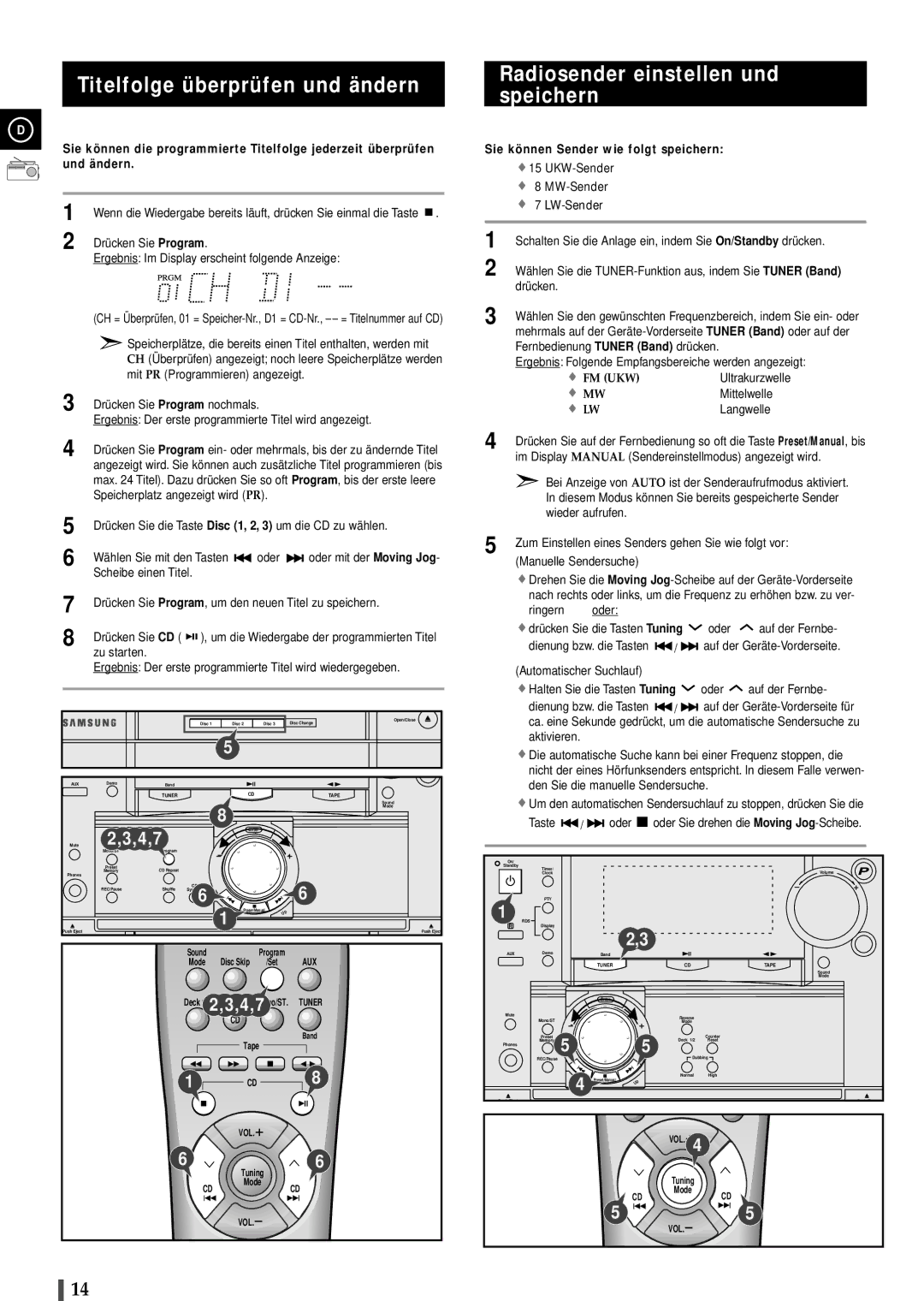 Samsung MAXL82RH/ELS manual Titelfolge überprüfen und ändern, Radiosender einstellen und speichern 