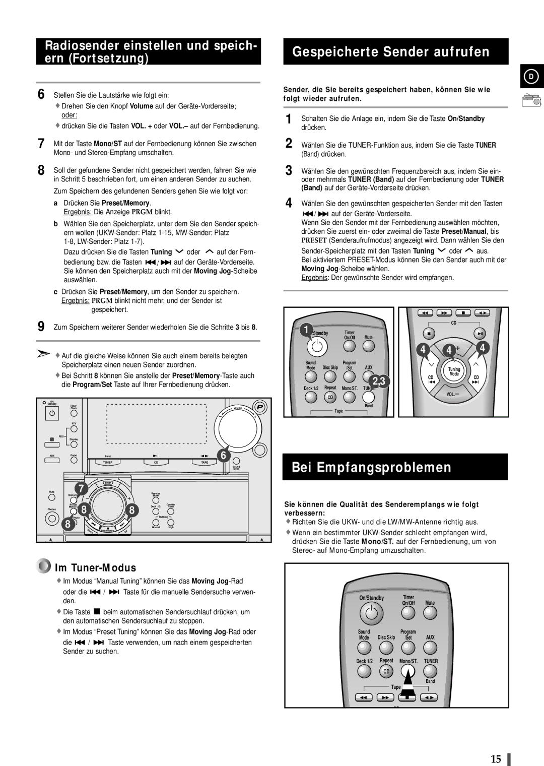 Samsung MAXL82RH/ELS manual Gespeicherte Sender aufrufen, Bei Empfangsproblemen 