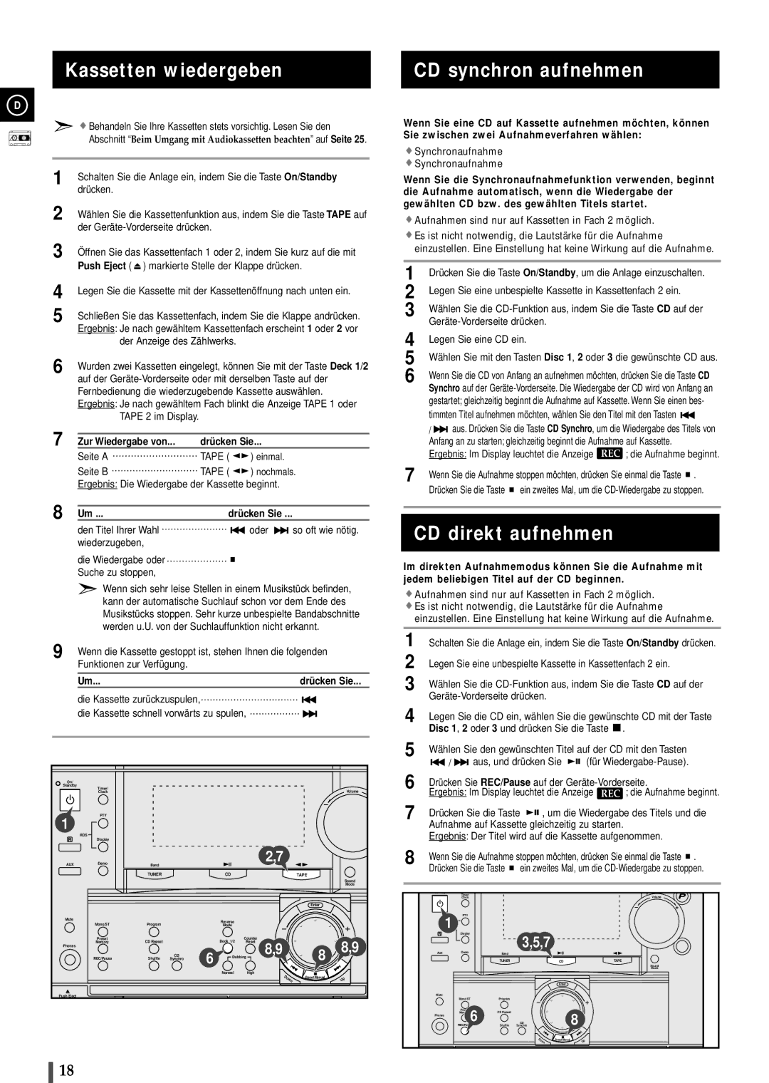 Samsung MAXL82RH/ELS Kassetten wiedergeben, CD synchron aufnehmen, CD direkt aufnehmen, Zur Wiedergabe von Drü cken Sie 