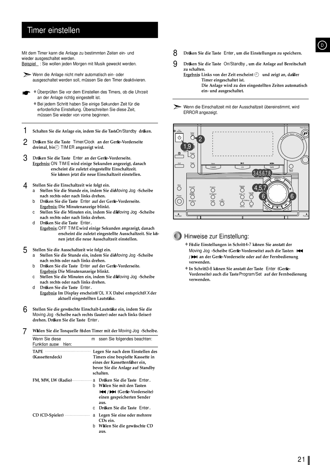 Samsung MAXL82RH/ELS Timer einstellen, Wenn Sie diese, Funktion auswä hlen, Kassettendeck, Eines der Kassettenfächer ein 