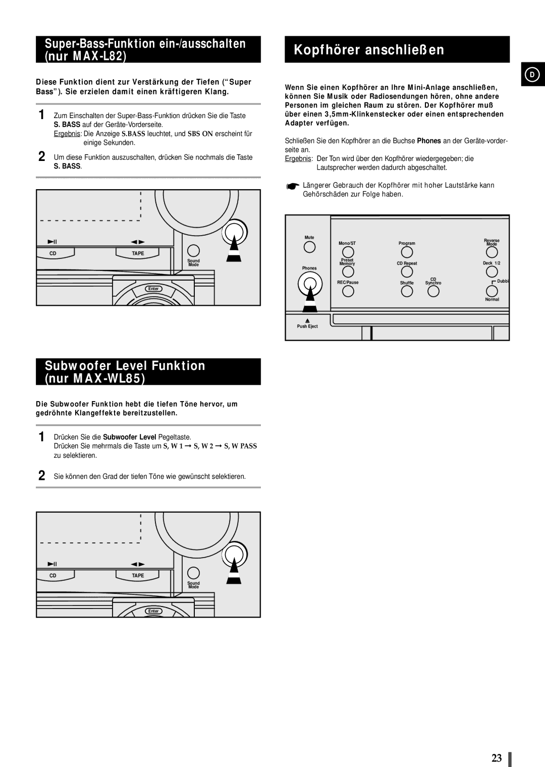 Samsung MAXL82RH/ELS manual Kopfhörer anschließen, Super-Bass-Funktion ein-/ausschalten nur MAX-L82, Zu selektieren 