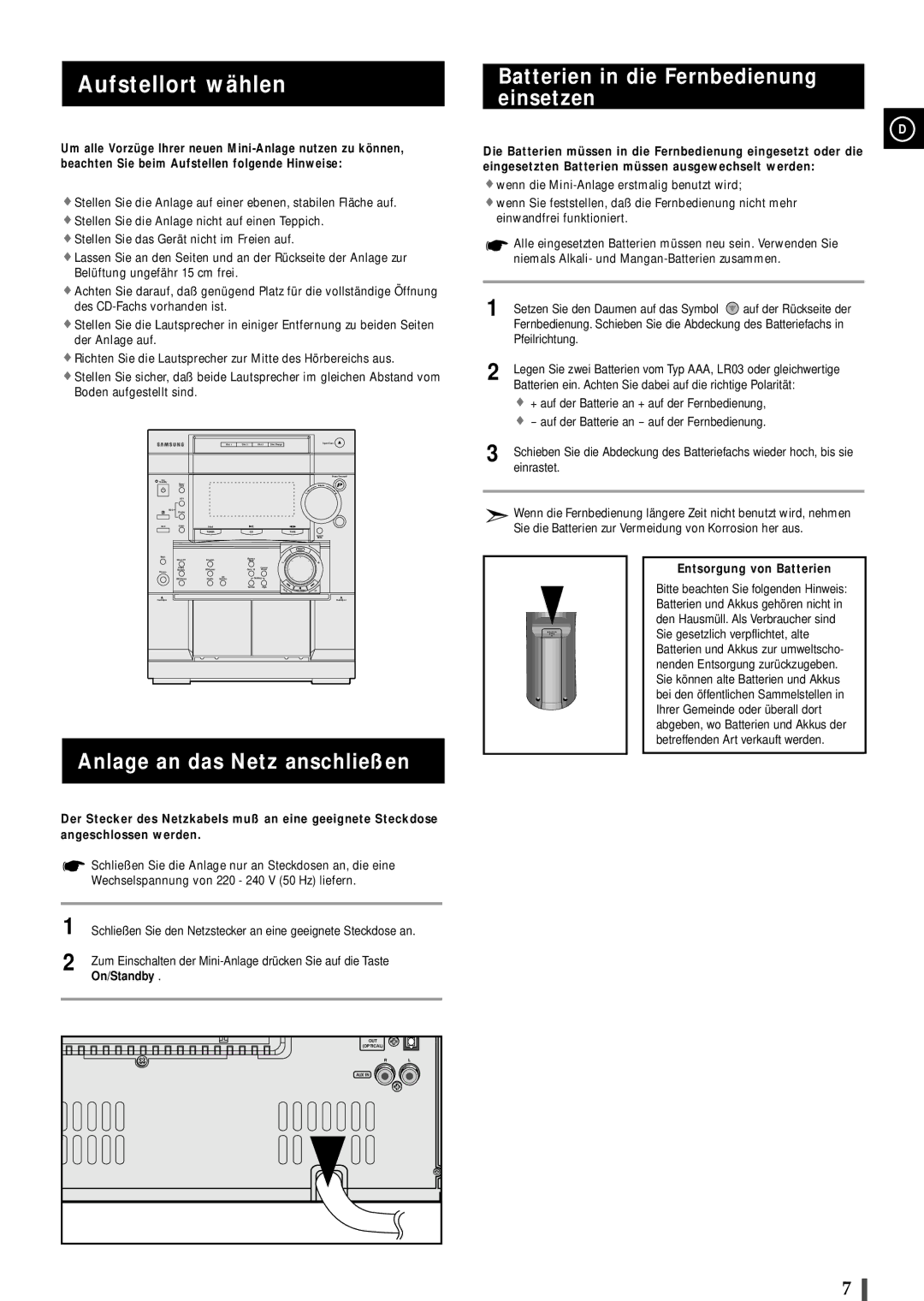 Samsung MAXL82RH/ELS manual Aufstellort wählen, Anlage an das Netz anschließen, Batterien in die Fernbedienung einsetzen 