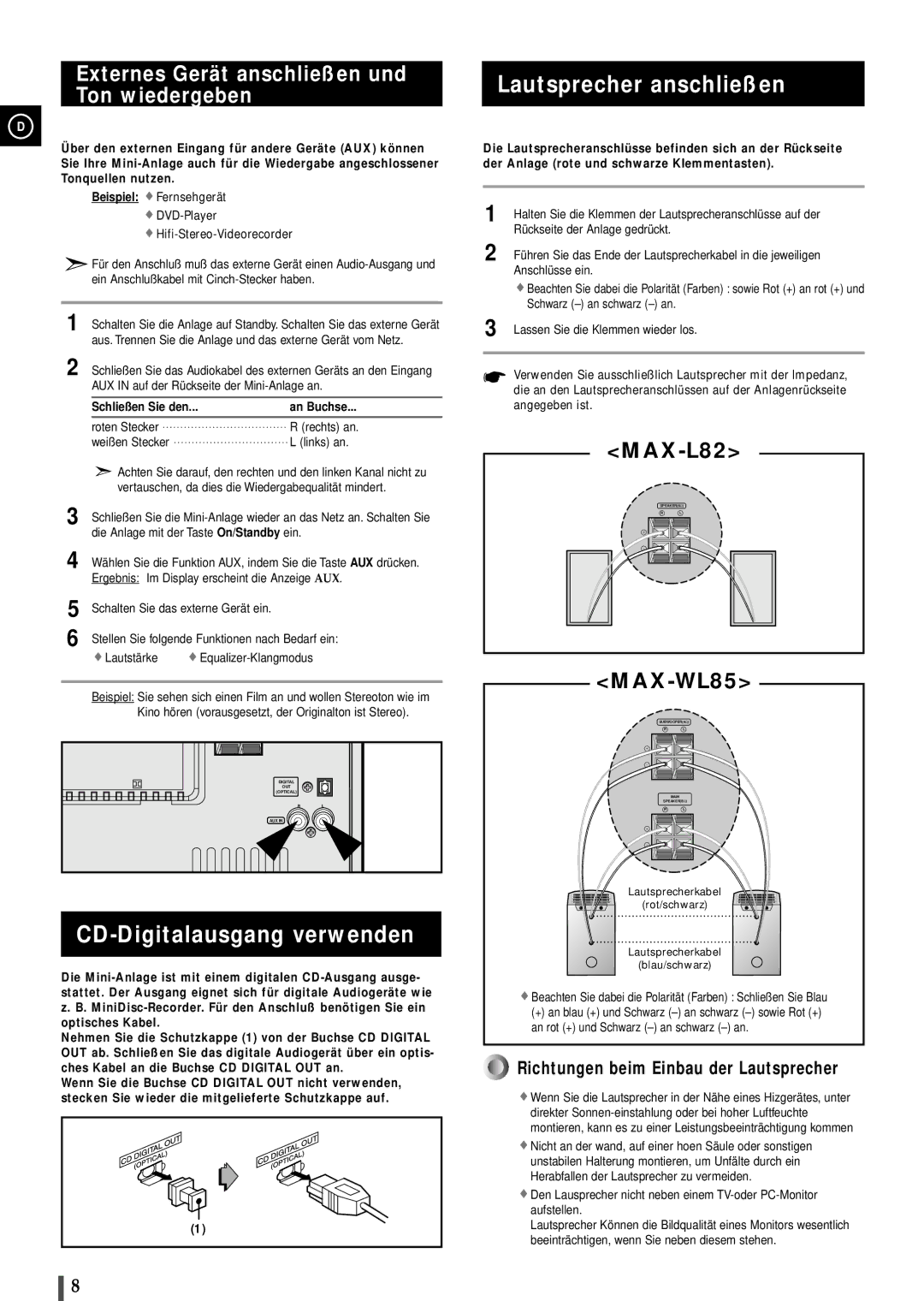 Samsung MAXL82RH/ELS CD-Digitalausgang verwenden, Lautsprecher anschließen, Externes Gerät anschließen und Ton wiedergeben 